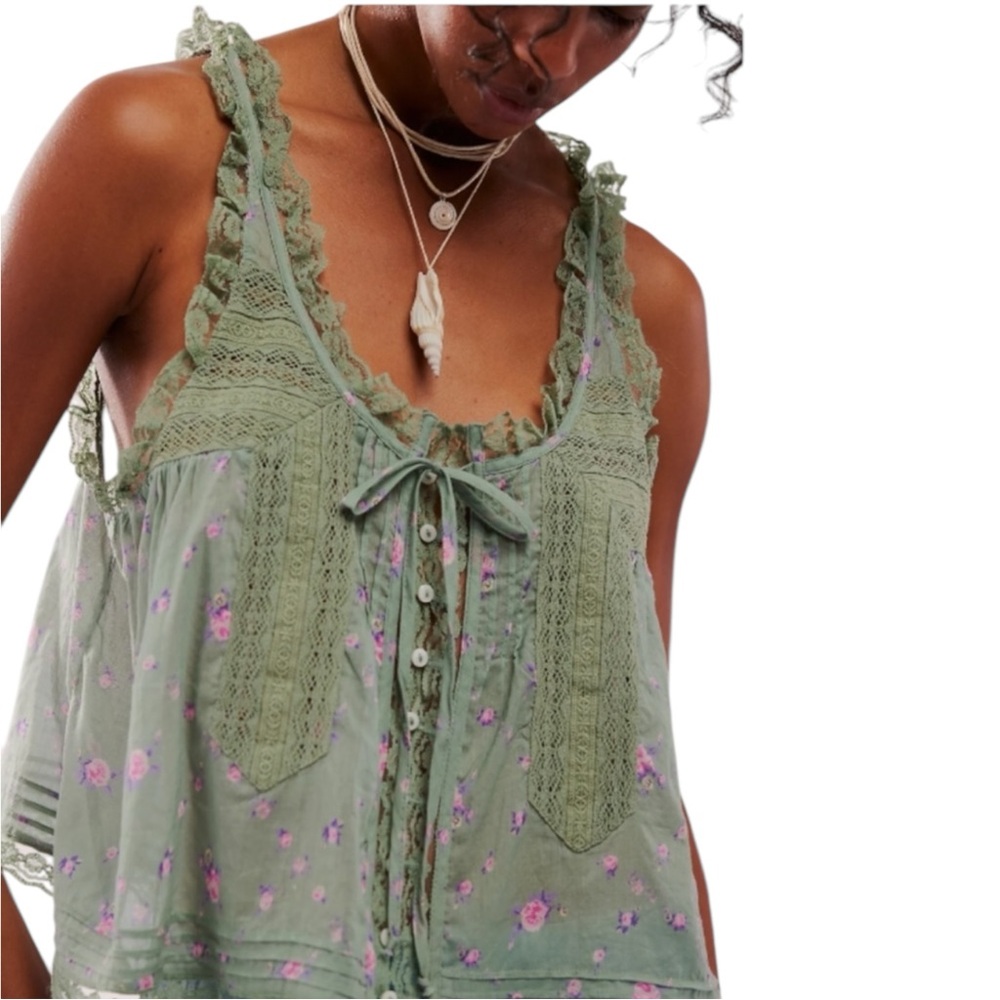 New FREE PEOPLE Forevermore Sheer Lace Floral Print Top Meadow Green Sz L - Picture 10 of 15
